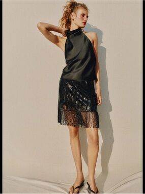 Zara Black Satin Halter Top with Fringe Sequin Skirt